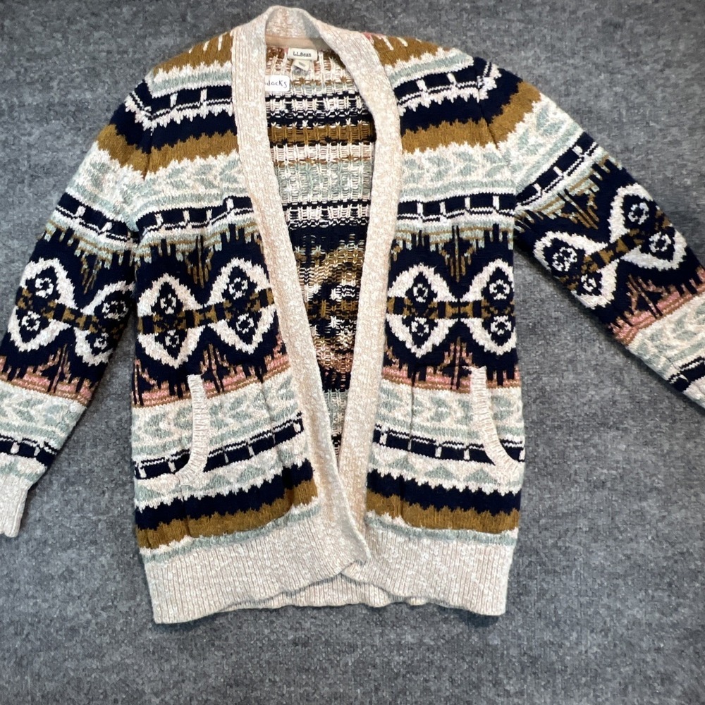 L.L. Bean Women's Cotton Ragg Open Cardigan Sweater Fair Isle Aztec XS Petite